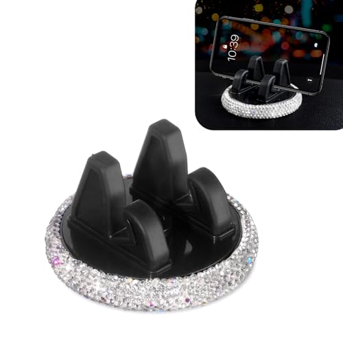 DYEKNEE 1 PC Bling Car 360-degree Adjustable Phone Holder, 3.15" x 1.77" Self-Adhesive Center Console Navigation Holder with Sparkling Rhinestones, Travel Accessory, Suitable for Most Cars (Silver)