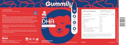 DHA Kinder Omega 3 Gummibärchen - LABORGEPRÜFT - 550 mg Omega 3, 6 & 9 aus Algenöl - Mit Vitamin C für Immunsystem, Gehirn & Sehkraft - Vegan & Gelatinefrei - Apfel Geschmack - 60 Stück - Gummily®