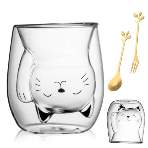 Gohytal Doppelwandige Gläser Katzen Tasse, 200 ml Double-Walled Coffee Glasses Süße Tassen Doppelwandige Isoliergläser, Cute Mugs, Teeglas Insulated Doppelwandig, Kaffeeteegläser, Doppelwandig Glas