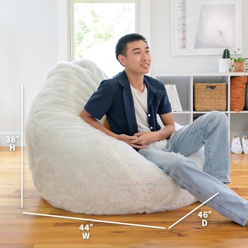 Image of Big Large Teardrop Foam Filled Bean Bag Chair with Removable Cover, Ivory Short Shag, 4 feet Big | Premium Shredded Foam Filled, Short Shag, Adult-Sized Comfortable Seating, Supports Up to 300 lbs, Perfect for Reading Nook