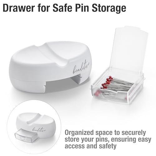 Image of Beaditive Magnetic Pin Cushion with Drawer - Strong Magnet Pin Holder Cushions for Sewing - 50 Glass Head Quilting Pins Included - Chic Pincushion Caddy for Sewing Pins, Paper Clips, Screws - White
