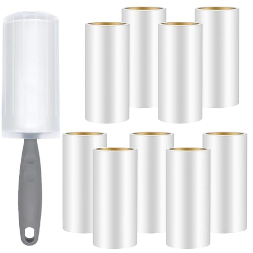 Omtofo 9 Rollen 540 Blatt Fusselrolle mit 1 Staubschutzhüllen + 1 Abroller Extra Klebrig Lint Roller Fusselrolle Tierhaare Fusselroller für Kleidung Haare Sofa Bett Katzenhaare Hundehaare