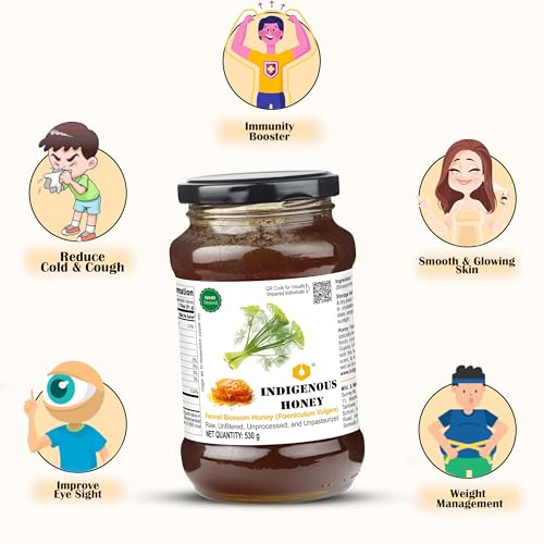 Image of INDIGENOUS HONEY Fennel Saunf Honey Raw Organic Natural Pure Unprocessed NMR Tested Unpasteurized Unheated 530g Glass Jar Pack of 1 | Natural Sweetener No Added Sugar Unfiltered Unprocessed Honey Pack of 1