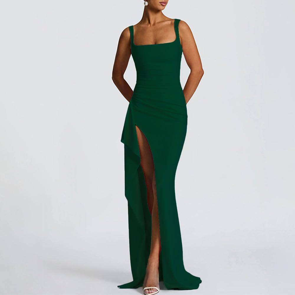 Women Formal Dresses Sleeveless Bodycon Ruched High Slit Sexy Maxi Dress Cocktail Prom - Image 6