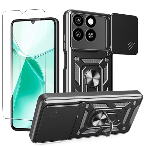 JDXHFF Funda Compatible con ZTE Blade A35 / ZTE Blade A55 (6.75") con 1 x Vidrio Templado Protector de Pantalla - PC Dura y Suave TPU Carcasa Silicone con Giratorio de 360° Soporte Cubierta Case Negro
