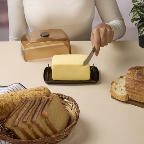 Image of Nayasa Smart Transparent Butter Dish with Lid & Butter Knife | BPA-Free Food Grade Plastic Butter Storage Container | Easy to Clean Butter Keeper for Butter, Cheese & Table Serving | Brown