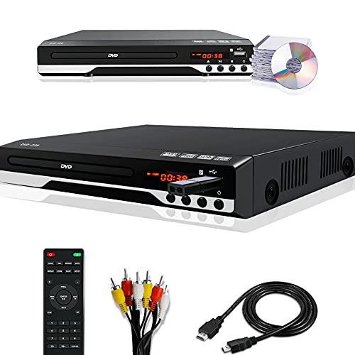 DVD Player for TV - Compact AV Connection DVD Players, Read All Region DVDs, USB Input Feature, PAL/NTSC Auto-Switch, Small CD/DVD Player for Home - 1080p HD Player with HDMI AV Cables, Home Theater