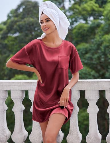 Image of Ekouaer Silky Satin Sleep Shirts for Women Nightshirt Tshirt Night Gowns