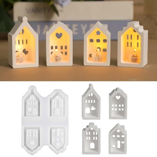 EPODA 4 Stück 3D Silikonform Haus Gießformen Häuser Kerzenhalter Weihnachten Gips Gießen Giessformen Silikon DIY