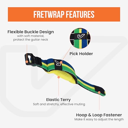 Image of Gruv Gear Fret Wrap & Guitar Mute, Fretwrap for Acoustic, Electric & Bass | String Dampener Recording, Tapping & Practice Accessory (1 Pack, Large Green /Yellow /Blue, Fits 6 String Bass, 8 String
