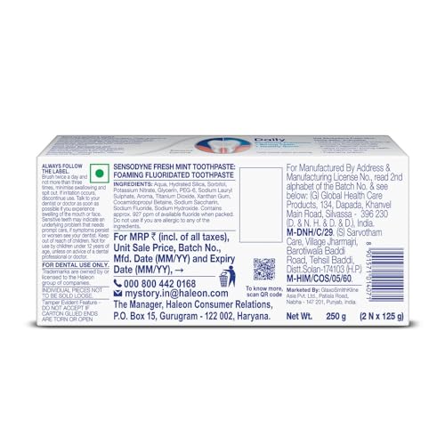Image of Sensodyne Toothpaste Fresh Mint|Daily Sensitivity Relief Tooth Paste Combo Pack - 250gm (125gm x 2) | Dentist Recommended | Everyday Use Paste, Fresh Breath, Fights Tooth Decay, Maintain Healthy Gums