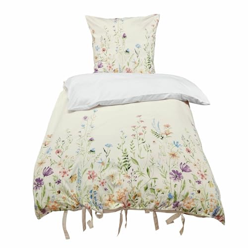 Loberon Bettwäsche Quervaux - Weiche Haptik - Blumenwiesen-Print - Praktische Bindebänder - Schlafzimmertextilien - Baumwolle, bunt