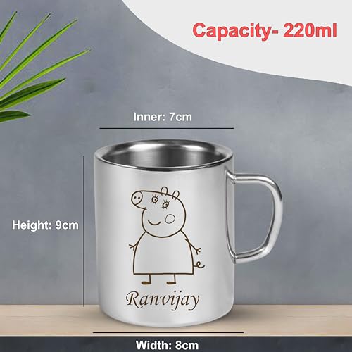 Image of SAVRI Personalized Stainless Steel Mug for Kids with Customized Name Engraved & Cartoon Design | 220 ml Double Wall Insulated Mug for School, Milk, Juice & Water
