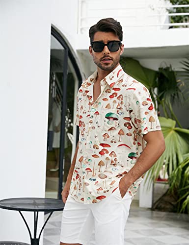 PAODIKUAI Men's Printed Shirt Button Down Short Sleeve Cute Mushroom Hawaiian Shirt4