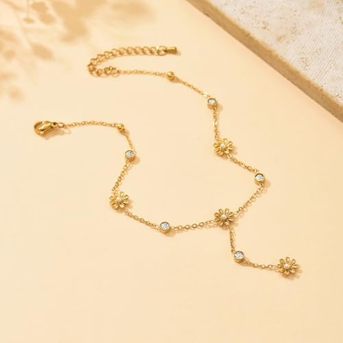 Image of Anklets for Women Dainty CZ Ankle Bracelet 18K Gold Plated Waterproof Boho Dot Star Moon Daisy Ocean Beaded Anklet Trendy Foot Jewelry