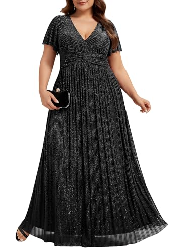 Image of Ever-Pretty Women's Plus Size Glitter Formal Dresses for Curvy Women A Line V Neck Gala Mother of Bride Dress Evening Gown