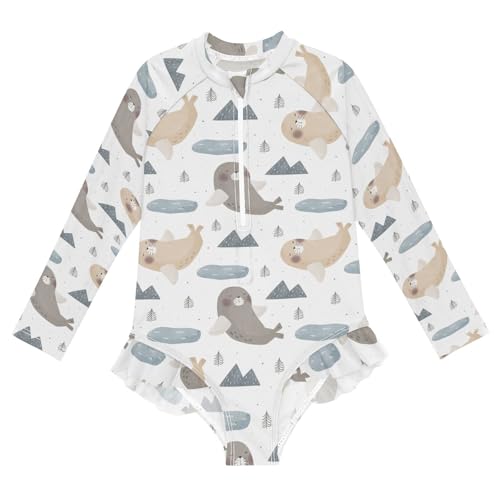 Ollabaky Baby Girls Long Sleeve Swimsuit Cartoon Seal One Piece Bathing Suit Rash Guard UPF50+ Toddler Girl Swimwear, 4T Multi