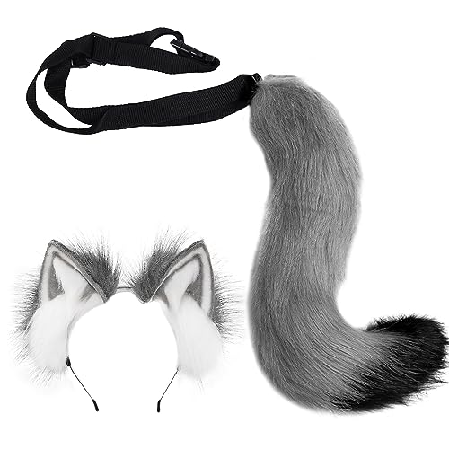 Ulikey Conjunto de vestir de lobo raposa, orelhas de gato de pele sintética de Halloween conjunto de disfarce infantil de de lobo raposa de peluche para Halloween, carnaval (cinzento)