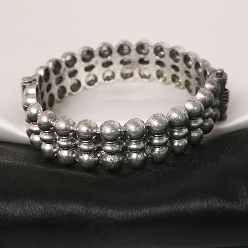 Image of Touchstone Indian bracelets for women mixed metal cuff crystal rhinestones bracelet handcrafted wrist enhancer free size designer in gold or oxidized white tone