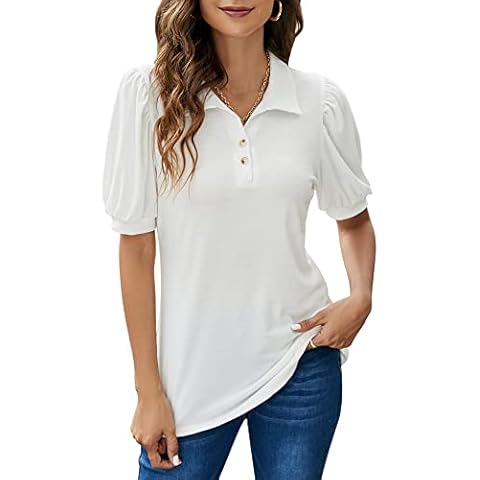 EFFAN White Shirts for Women Polo Short-Sleeve Tops Lightweight Tennis Sports Casual Blouses with Puff Sleeve White L Cover