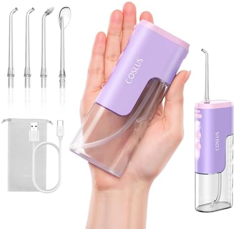 COSLUS T40 Mini Water Flosser for Travel: Portable Compact Design, Cordless Oral Irrigator with 4 Jet Tips, Removable Tank & IPX7 Waterproof for Braces, Sensitive Teeth & On-The-Go Use, Pink Purple
