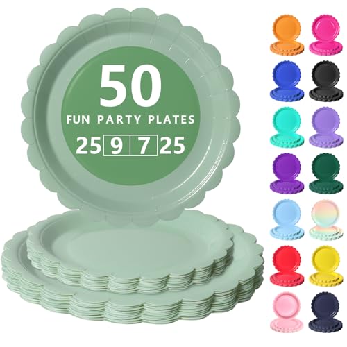 Nkaiso Assiette Jetable Festonnées, 50 Pièces Vert sauge Vaisselle en carton - 25 Assiettes Plateaux 23cm & 25 Assiettes Dessert 18cm - Pour Mariage,...