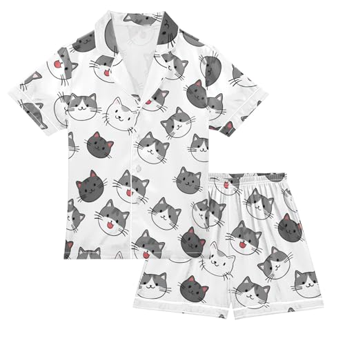 ALAZA Gray Cat Kitten Animal White Satin Pajamas Set Short Sleeve Button Down Sleepwear Summer Pjs 2 Piece