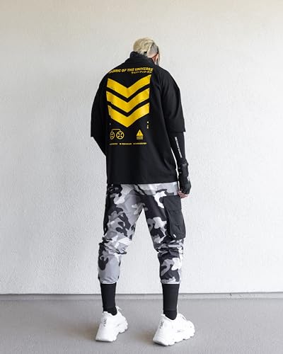 Fabric of the Universe Techwear Graphic Cyberpunk Fashion T-Shirt (Black Yellow V3-3, X-Large)3