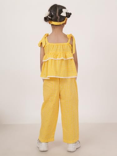 Image of FABRIC FITOOR Kids Cotton's Yellow Colour Checks Print Top & Palazzo Set /Co-ord Set with Hair Band For Girls