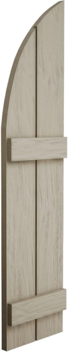 Ekena Millwork 11"W x 36"H (25" Low Side) Timberthane Rough Sawn Two Board Joined Board-n-Batten w/Quarter Round Arch Top Faux Wood Shutters (Per Pair), Primed Tan