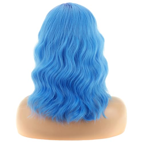 Image of BERON Blue Short Wavy Wig for Women Purple Ombre Blue Shoulder Length Curly Side Part Heat Resistant Synthetic Wigs Halloween Cosplay Costume Party Wig