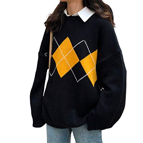 VANGULL Geometric Pattern Sweater Argyle Plaid Loose Knitted Pullover Women's Autumn Crewneck Knitwear Black