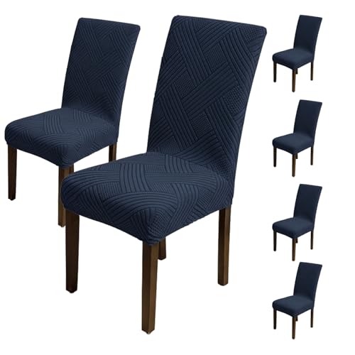 Image of House of Quirk Elegant Jacquard Chair Cover - 220 GSM Stretch Fabric, Universal Fit, Washable Short Dining Seat Protector Slipcover (Navy, Pack of 6)