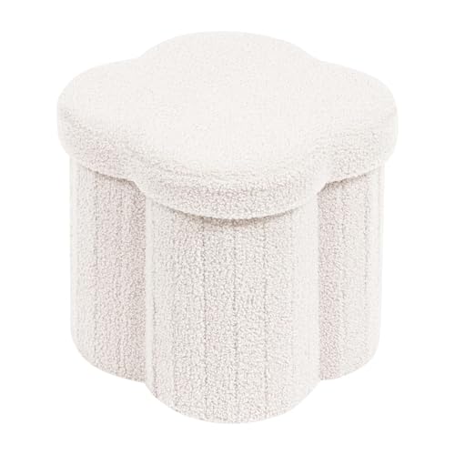 PINPLUS Hocker mit Stauraum faltbar, Blumenform, Dekorativer Sitzhocker aus Bouclé-Stoff, Weiß, 32x32x32cm, für Schminktisch, Schlafzimmer, Wohnzimmer