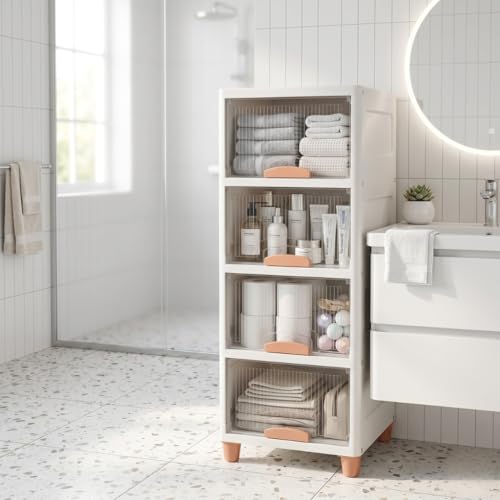 Image of Ash & Roh Multi-Layer Plastic Storage Cabinet with Transparent Flip Door | Space Saving Organizer for Kitchen, Bedroom, Office | Foldable Stackable Storage Unit with Legs | (4-Tier + 4-Tier White Box)