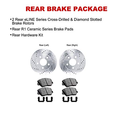 Image of R1 Concepts Rear Brake Kit Fits 2011-2014 Ford Edge | 2011-2019 Ford Explorer; 2009-2019 Ford Flex; 2010-2019 Ford Taurus| Ceramic Pads, Drilled eLINE Rotors| Hardware