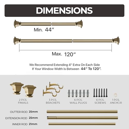 Image of Deco Window Adjustable Curtain Rod for Windows 44 to 120 Inch (Pack of 1) Extendable Heavy Duty 1 Inch Iron Quatro with Finials Wall Mounted Curtain Rods (Warm Gold)