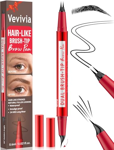 Vevivia - Lápiz de cejas con doble punta de cepillado y punta curvada para cejas naturales, golpes precisos como el pelo para todos los tipos de brocha, maquillaje para todo el día, color negro