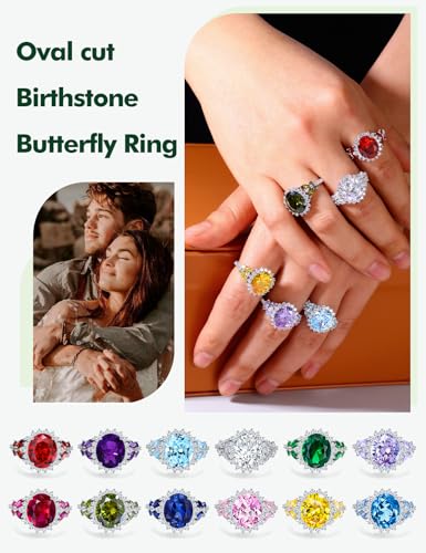 Big Oval Rings for Women Butterfly Promise Halo Ring Sterling Silver Created Sapphire/Ruby/Emerald/Aquamarine Cz Engagement Ring Birthstone Anniversary Jewelry Size 6-103