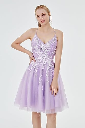 V Neck Spaghetti Straps Homecoming Dresses for Teens Lace Applique Tulle Prom Gown3