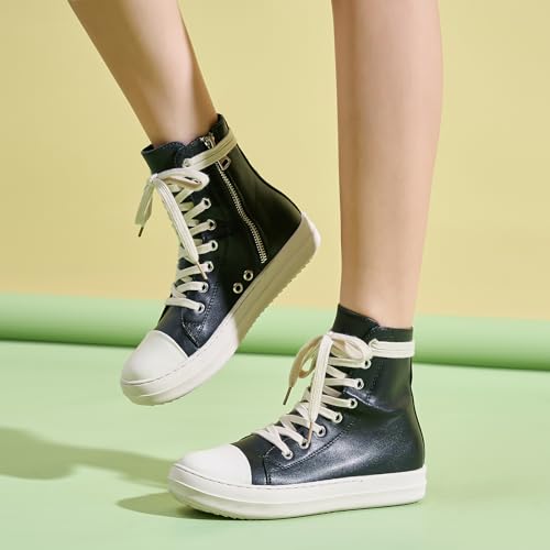Kluolandi Women's High Top Sneakers Lace Up Canvas Shoes with Zipper Comfort Platform Walking Shoes in Black and White4
