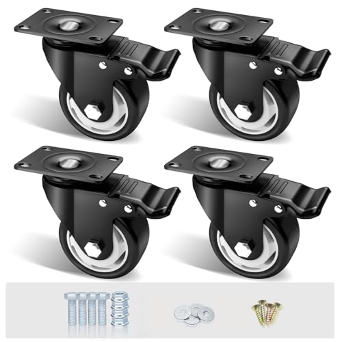 Image of 3 inch Caster Wheels Set of 4, Heavy Duty Casters with Brake, No Noise Locking Casters with Polyurethane (PU) Wheels, Swivel Plate Castors Pack of 4
