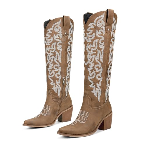 Image of wetkiss Women's Knee High Cowboy Boots | Western Cowgirl, Embroidered Pointed Toe, PU Leather, Chunky Heel, Pull On Tall