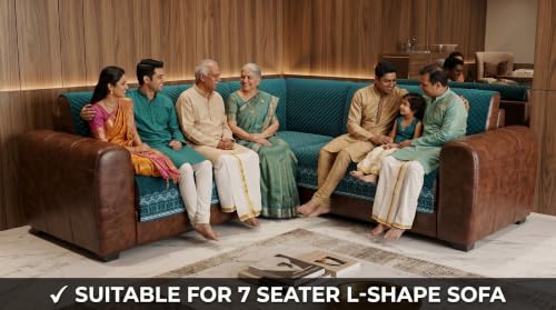 Image of KINGLY L-Shape Sofa Cover 7 Seater 4+3 Velvet Full Cover - Teal Blue | Fully covered quilted velvet slipcover, washable anti-slip furniture protector, L-type corner sofa cover for living room