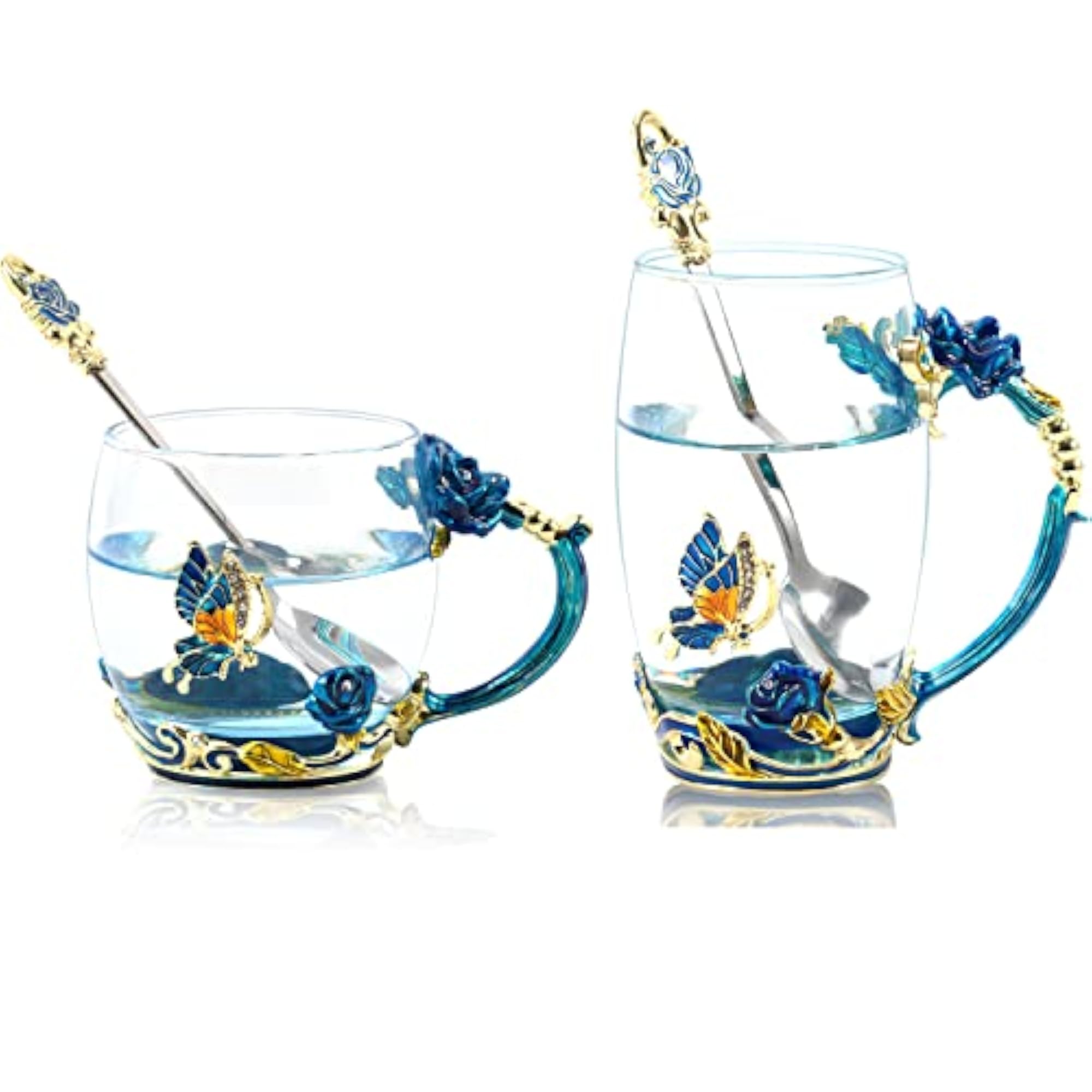 Coffee Cup Tea Mug with Spoon Set Handmade Enamel Butterfly Flower