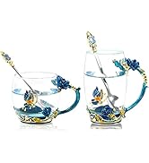 Coffee Cup Tea Mug with Spoon Set Handmade Enamel Butterfly Flower for Women (2 Pack)