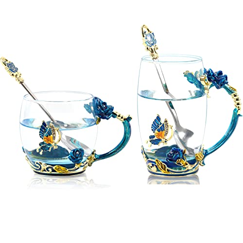 Coffee Cup Tea Mug with Spoon Set Handmade Enamel Butterfly Flower for Women (2 Pack)