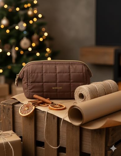 Image of BAGSMART Makeup Bag Travel Toiletry Bag, Puffy Padded Make Up Bags for Women Makeup Organizer Case, Wide-open Pouch Purse Travel Essentials Toiletries Accessories Brushes, Chocolate
