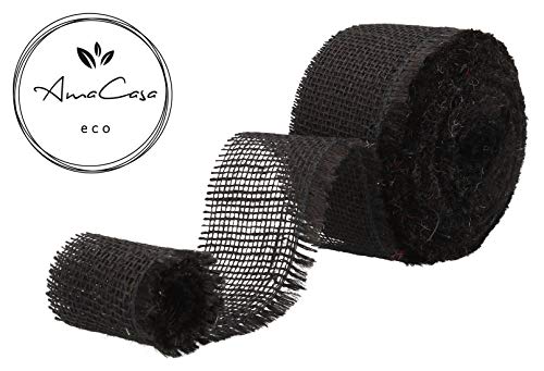 AmaCasa Eco Tischläufer Jute 6cm breit, 25m Rolle | gestärkter Jutestreifen mit kompostierbarem Etikett | Tischband für Tischband für wundervolle Dekorationen (Schwarz - 6cm/25m)