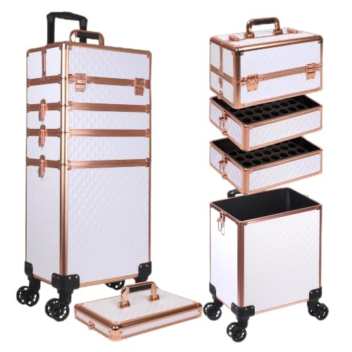 Image of 5 in 1 Rolling Makeup Train Case Professional Cosmetic Trolley Large Storage Organizer on Wheels for Hairstylist Artist Nail Beauty Salon Barber White - Gold Frame